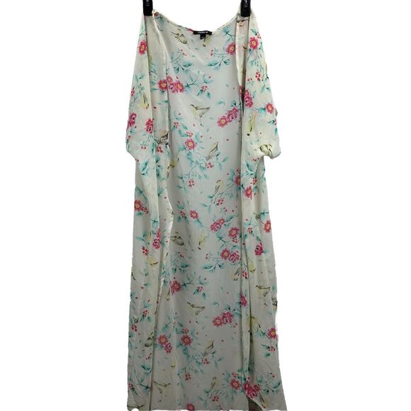 TORRID Plus Size 2X 3X Cardigan Top Ivory Pink Green Floral Birds Short Sleeve - Picture 1 of 8